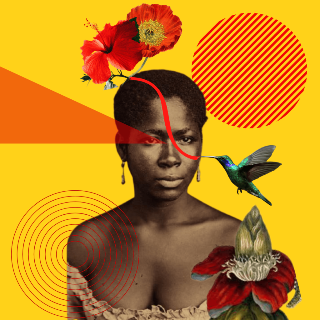 Retrato colorido com colagens. Sobre um fundo amarelo, uma mulher em preto e branco, vista do busto para cima. Ela é negra, tem cabelos curtos e crespos, traja blusa com decote ciganinha. Olha para longe, as sobrancelhas estão arqueadas e os lábios cerrados. Sobre o olho direito, há uma colagem de um triângulo na horizontal, vermelho e transparente, com a base voltada para a extremidade oposta. No ombro esquerdo, tem a colagem de uma flor vermelha. À direita da mulher, há uma colagem de um beija-flor esverdeado, com uma linha vermelha sinuosa no bico. A linha perpassa o rosto da mulher, até a extremidade superior, e tem na ponta duas flores vermelhas. Nos lados esquerdo inferior e direito superior do retrato, linhas vermelhas formam círculos. Roteiro de audiodescrição: Claudia Guarnieri.
Consultoria: Cristiane Rufino.